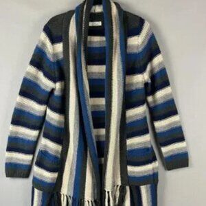 Elan Long Cardigan Sweater Women Medium Stripe Fringe Chunky Knit Granola Earthy